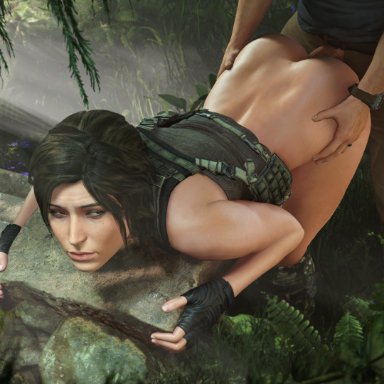 tomb raider, tomb raider (survivor), lara croft, lara croft (survivor), athazel, athletic female, human, light-skinned male, partially clothed, 3d, sfm, tagme