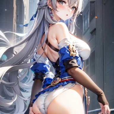 honkai: star rail, bronya rand, ass, ass focus, ass grab, bare shoulders, blue eyes, blush, breasts, cameltoe, corset, deep skin, detached sleeves, dress, elbow gloves