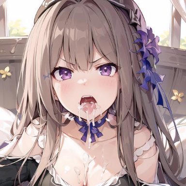 honkai: star rail, herta (honkai: star rail), 1boy, 1girls, after fellatio, angry, angry face, beret, brown hair, cleavage, cum drip, cum in mouth, cum on chest, cum on tongue, detached sleeves