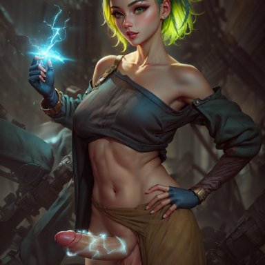 league of legends, zeri (league of legends), naikedart, stable diffusion, balls, big dick, dickgirl, electricity, futanari, green eyes, intersex, pigtails, solo, ai generated