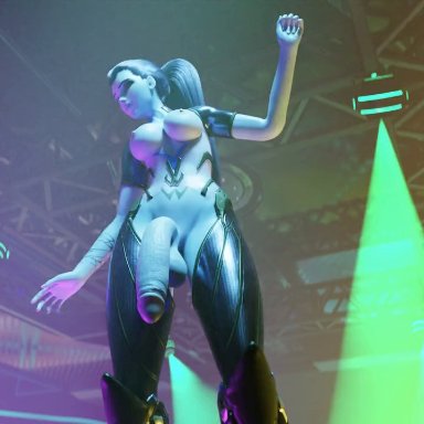 overwatch, widowmaker, kassowit, 1futa, big breasts, blue body, blue skin, bouncing balls, bouncing breasts, bouncing penis, breasts, dancer, dancing, flaccid, futa only