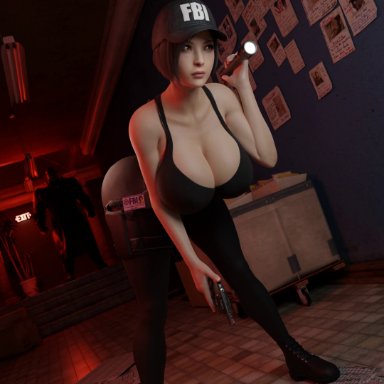 resident evil, resident evil 2 remake, ada wong, mr x, auzene4, evilaudio, sekaithereturn, arm grab, baseball cap, flashlight, from behind, gloves, gun, id card, neck grab