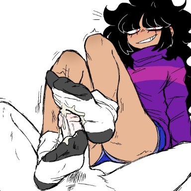 needlemouse (series), original character, sarah (needlemouse), sarah henderson, sarah henderson (needlemouse), sonic.exe, unknown artist, 1boy, 1girls, black hair, cum, cumshot, demon girl, feet, foot fetish