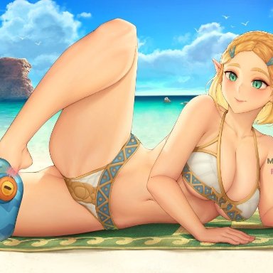 breath of the wild, nintendo, tears of the kingdom, the legend of zelda, chuchu, hylian, princess zelda, zelda (tears of the kingdom), mystra77, 1girls, beach, bikini, blonde hair, blue eyes, blush