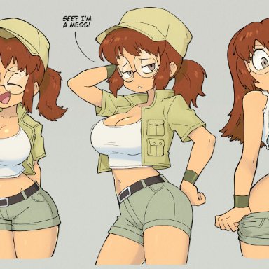 metal slug, fio germi, stealth brock, 1girls, areolae, breasts, breasts out, female, female only, glasses, gray background, looking at viewer, medium breasts, nipples, presenting