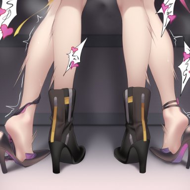 honkai: star rail, honkai (series), asta (honkai: star rail), stelle (honkai: star rail), tnt (user mnhz2538), 2girls, black footwear, black panties, boots, from behind, futanari, heart, high heel boots, high heels, implied futanari