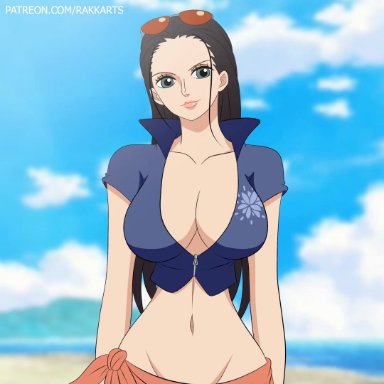 one piece, nico robin, rakara11, 1girls, areolae, big breasts, black hair, bouncing breasts, breasts, exposed breasts, female, female only, flashing breasts, navel, nipples