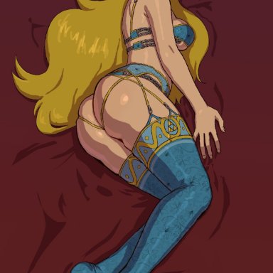 breath of the wild, the legend of zelda, princess zelda, zelda (breath of the wild), pears (artist), 1girls, ass, big ass, blonde hair, breasts, cleavage, female, female only, green eyes, lingerie