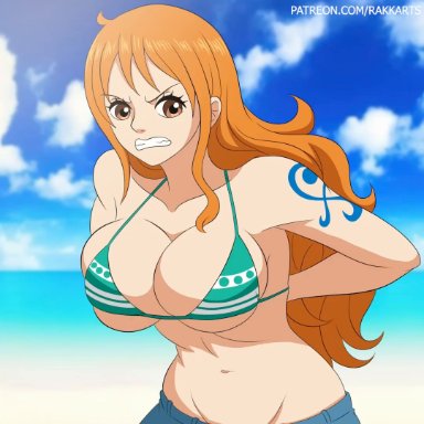 one piece, nami, rakara11, big breasts, bikini, breasts, nipples, orange hair, pants, solo female, animated, tagme, video