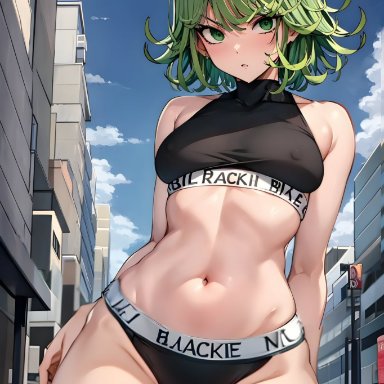 one-punch man, tatsumaki, stable diffusion, 1girls, blacked clothing, curvy body, curvy figure, female focus, female only, green hair, huge breasts, short hair, solo female, solo focus, ai generated