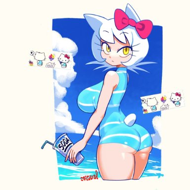 hello kitty, sanrio, hello kitty (character), minus8, anthro, breasts, female, female only, one-piece swimsuit, soda, swimsuit