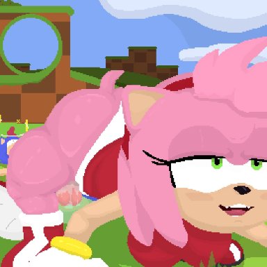sonic (series), sonic the hedgehog (series), amy rose, miles prower, sonic the hedgehog, tails, shoestrang, anthro on anthro, bedroom eyes, being watched, big ass, big butt, big penis, blush, cartoony