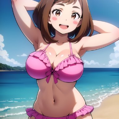 my hero academia, ochako uraraka, stable diffusion, 1girls, brown hair, curvaceous, curvy body, curvy figure, female, female only, huge breasts, solo, voluptuous female, ai generated