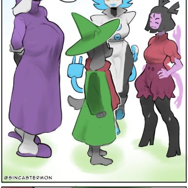 deltarune, undertale, undertale (series), muffet, ralsei, ralsei with black fur, tasque manager, toriel, sincastermon, 1boy, 3girls, age difference, big breasts, bigger female, black fur