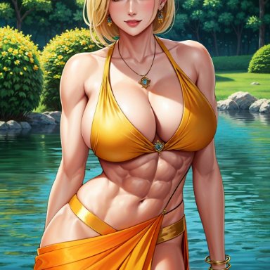 naruto, tsunade, diffusionlad, abs, bangle, big breasts, bindi, blonde hair, cleavage, garden, harem outfit, indian clothes, jewelry, milf, muscular female