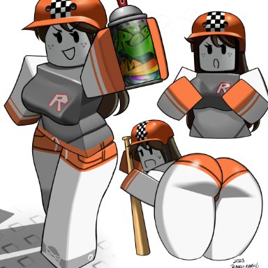 roblox, robloxian, kansu-kansu, 1girls, ass, baseball bat, forced perspective, freckles, helmet, holding breast, large breasts, long hair, medium breasts, open mouth, shorts