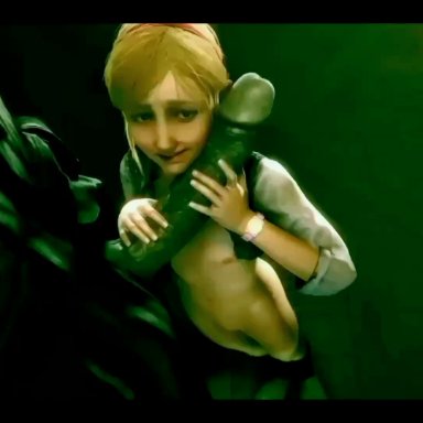 resident evil, resident evil 2 remake, mr x, sherry birkin, tyrant, lesdias, big penis, blowjob, cum in mouth, cumming in mouth, deepthroat, holding head, size difference, video, 3d