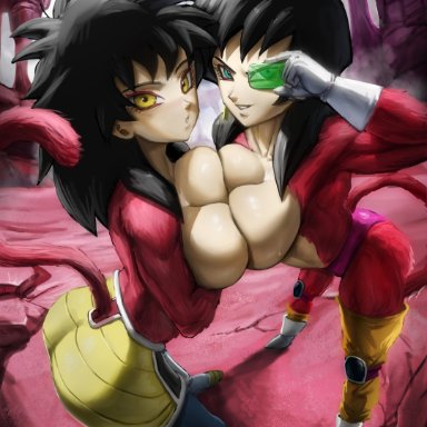 dragon ball, gine, seripa, elitenappa, 2girls, adjusting eyewear, ass, big breasts, black hair, breast press, breasts, busty, female, female only, female saiyan