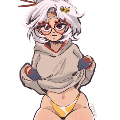 nintendo, tears of the kingdom, the legend of zelda, purah, purah (tears of the kingdom), megrocks, 1girls, brown eyes, glasses, gloves, gold panties, hoodie, hoodie lift, looking at viewer, navel