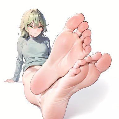 one-punch man, tatsumaki, feet, feet up, foot fetish, foot focus, green eyes, green hair, soles, wrinkled feet, wrinkled soles, wrinkles, wrinkly feet, ai generated, anime