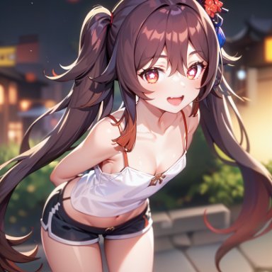 genshin impact, hu tao (genshin impact), stable diffusion, 1girls, arms behind back, bare shoulders, blush, breasts, brown hair, cleavage, fully clothed, looking at viewer, midriff, open mouth, petite
