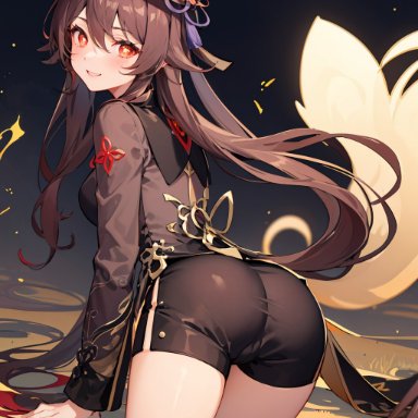 genshin impact, hu tao (genshin impact), all fours, ass, ass focus, black shorts, brown hair, chinese clothes, female, from behind, grin, hat, hat ornament, kneeling, long hair