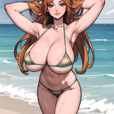 one piece, nami, nami (one piece), obayen, 1girls, armpits, ass, beach, big ass, big breasts, big butt, bikini, breasts bigger than head, brown eyes, curvaceous