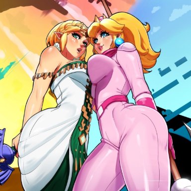 mario (series), nintendo, super mario bros., super mario bros. (2023 film), tears of the kingdom, the legend of zelda, princess peach, princess zelda, zelda (tears of the kingdom), kooj artz, 2girls, asymmetrical docking, breasts, clothing, female