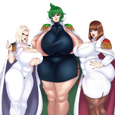 one piece, original, annabel (eigaka), courtney (fellatrix), marine (one piece), original character, sally (sundown), eigaka, fellatrix, sunnysundown, 3girls, anger vein, angry, angry face, areola slip