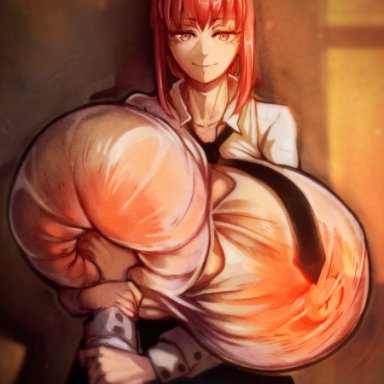 chainsaw man, makima (chainsaw man), pwcsponson, barely contained, big breasts, forced, grabbing breasts, huge breasts, hyper breasts, red hair, red nipples, smug, tight clothes, tight clothing, translucent clothing