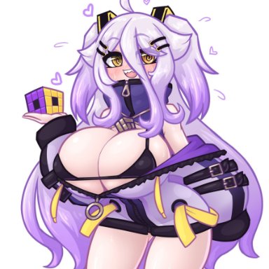 vshojo, henya the genius, limebreaker, 1girls, @ @, alternate breast size, big breasts, black bra, blush, female, light-skinned female, long hair, sharp teeth, solo, violet hair