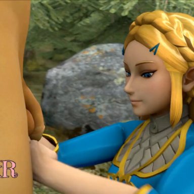 the legend of zelda, link, link (breath of the wild), princess zelda, zelda (breath of the wild), kaliethva, lehornysfx, lehornysfx3d, lpinkr, 1boy, 1girls, against tree, blonde hair, blowjob, blue eyes