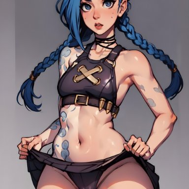 league of legends, jinx (league of legends), stable diffusion, belly button, blue eyes, blue hair, bunny ears, lifted by self, lifting, looking at viewer, midriff, neckwear, skirt, skirt lift, small breasts