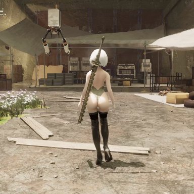 nier, nier: automata, yorha 2b, curvylonix, 1girls, areolae, ass expansion, blindfold, breast expansion, cleavage, clothing, curvylnix, dress, enormous breasts, female