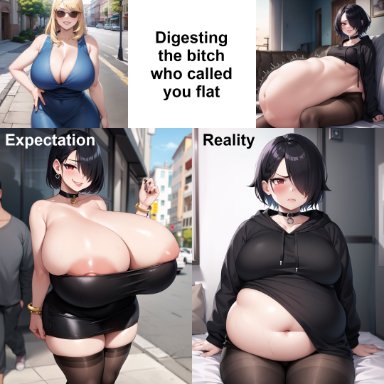 original characters, novelvore, 2girls, after vore, bbw, big breasts, big titty goth, black hair, blonde hair, bracelets, breast expansion, choker, chubby, chubby female, cleavage