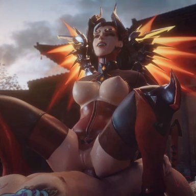 overwatch, devil mercy, mercy, vgerotica, 1boy, 1girls, anal, anal sex, ass, athletic female, big breasts, black hair, bodysuit, bouncing breasts, cowgirl position