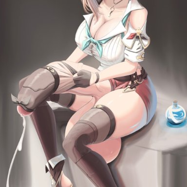 atelier (series), reisalin stout, cepfai, 1futa, balls, big breasts, breasts, brown hair, clothed, clothing, cock sleeve, cock sleeve (clothes), cum, erection, futa only