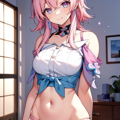 honkai: star rail, honkai (series), march 7th (honkai: star rail), pikkiwynn, bangs, bare shoulders, blue eyes, blush, breasts, closed mouth, clothes pull, collarbone, cowboy shot, crop top, earrings