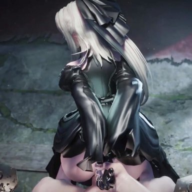 drag-on dragoon 3, drakengard 3, nier (series), nier reincarnation, square enix, zero (drag-on dragoon), zero (drakengard), initial a, breasts, chair sex, clothed female, clothed sex, faceless male, flower in eye, jiggling ass