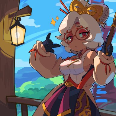 breath of the wild, tears of the kingdom, the legend of zelda, purah, purah (tears of the kingdom), bacumng, bacunng, eyeshadow, glasses, gloves, peace sign, red eyes, sideboob, white hair