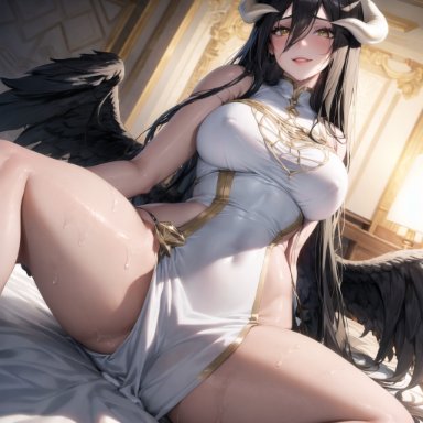 overlord (maruyama), albedo (overlord), stable diffusion, 1girls, anime nose, black hair, clothed female, curvy body, curvy female, curvy figure, horned female, horned humanoid, horns, huge breasts, succubus