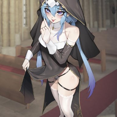 arknights, mizuki (arknights), gins, hanee, 1femboy, :p, blue hair, blush, chastity cage, crossdressing, earrings, eyelashes, femboy, full body, girly