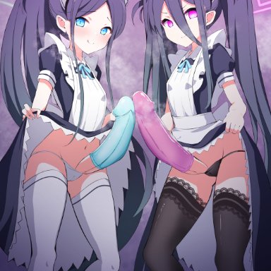 blue archive, aris (blue archive), tt 0965, &lt;key&gt; (blue archive), 2futas, :q, absurdly long hair, alternate hairstyle, apron, aris (maid) (blue archive), black hair, black thighhighs, blue eyes, blush, breasts