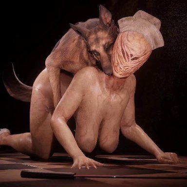 silent hill, bubble head nurse, nurse (silent hill), atlasf4, 1animal, 1girls, ambiguous penetration, anthro penetrating human, big areola, big ass, big breasts, big nipples, biting, canine, creepy