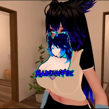 vrchat, marshyfox, 1girls, areola, belly, belly expansion, belly inflation, big belly, black hair, blue eyes, blue streak, breast expansion, butt expansion, exposed breasts, exposed nipples