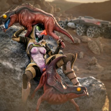 bioware, mass effect, quarian, tali'zorah nar rayya, varren, nocturnalone, 1girls, 2animals, 2boys, alien, alien girl, animal genitalia, animal penis, bodysuit, clothing