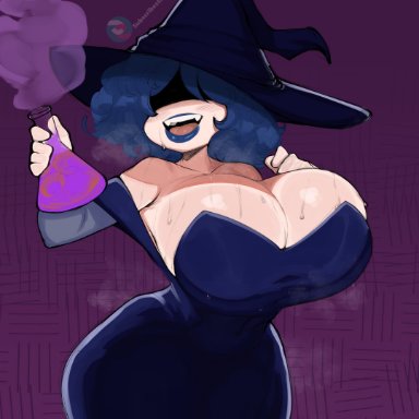 dead estate, cordelia (dead estate), neo hajime, big breasts, blue hair, blue lipstick, breasts, cleavage, cleavage overflow, curly hair, eyes covered, fangs, flask, gradient background, hourglass figure
