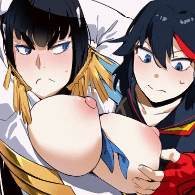 kill la kill, kiryuuin satsuki, matoi ryuuko, bakkanki, satoriwappa, 2girls, breast squeeze, breast sucking, breasts, incest, large breasts, saliva trail, sisters, yuri, animated