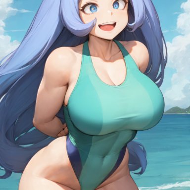 my hero academia, nejire hado, amiral ai, 1girls, beach, blue eyes, blue hair, breasts, competition swimsuit, female, highleg swimsuit, hips, huge breasts, light-skinned female, light skin