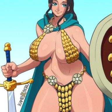 one piece, nico robin, rebecca (one piece) (cosplay), kameseru, big breasts, bikini, black hair, blue eyes, breasts, cleavage, female, female only, large breasts, loincloth, looking at viewer